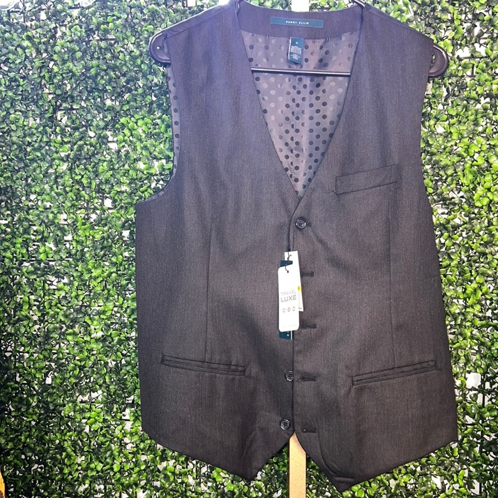 NEW PERRY ELLIS Vest Medium  Chinchilla Gray Charcoal Button Suit Dress Shirt